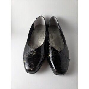 Ros Hommerson Black Leather Pumps Women's 9.5W Wedge Heel Tinted Croc Cap Toe